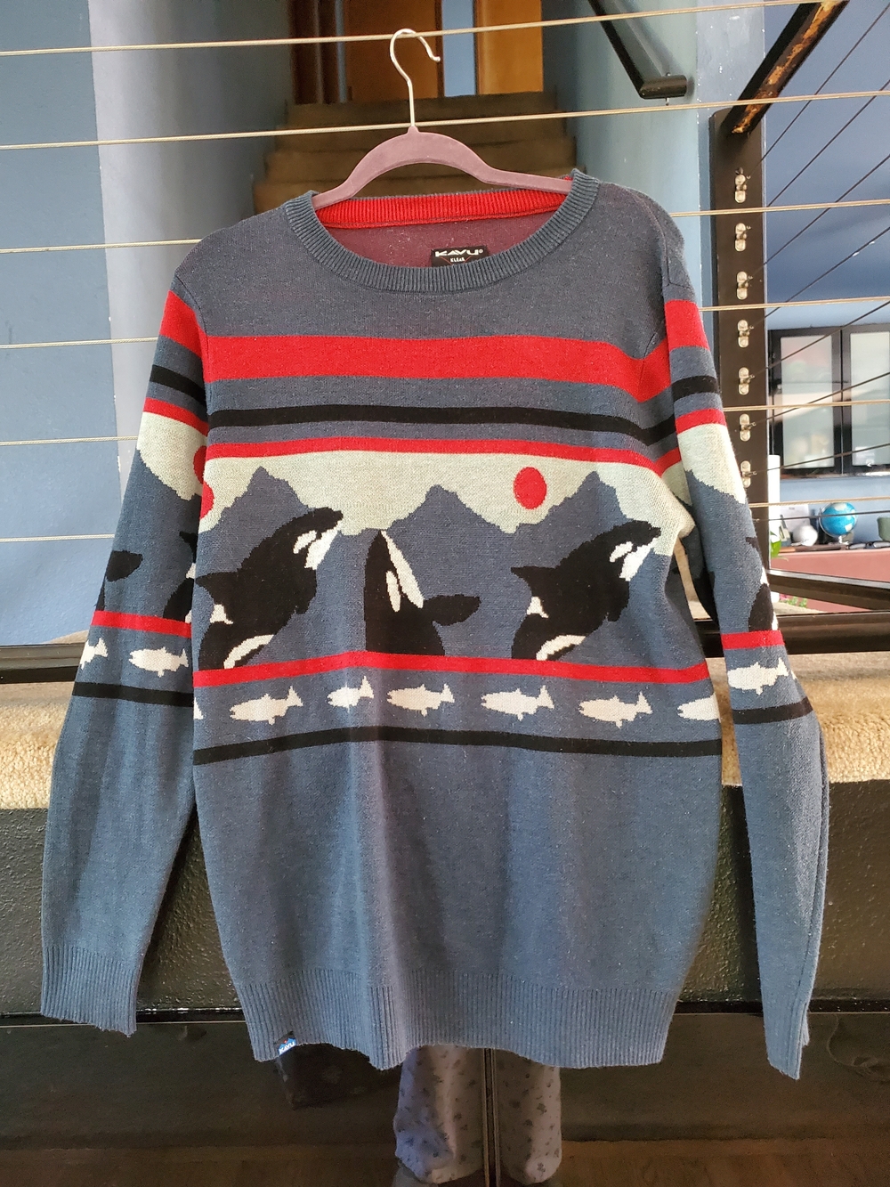 Kavu Navy Crewneck Sweater with Orca and Red Accents